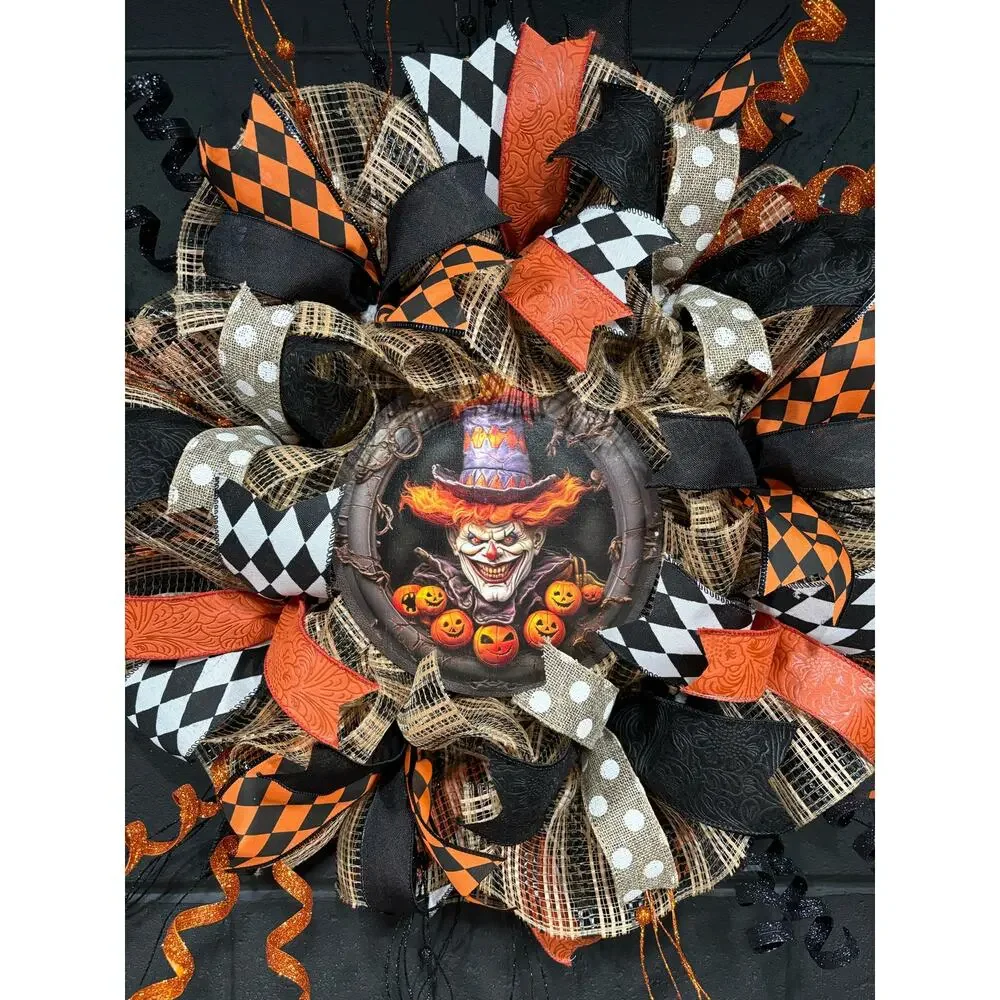 Halloween Wreath For Front Door Scary Clown Orange and Black Handmade 28 in